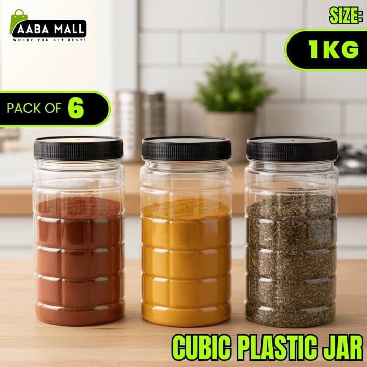 Three cubic plastic jars with black lids displayed as a pack of 6 from AABA MALL