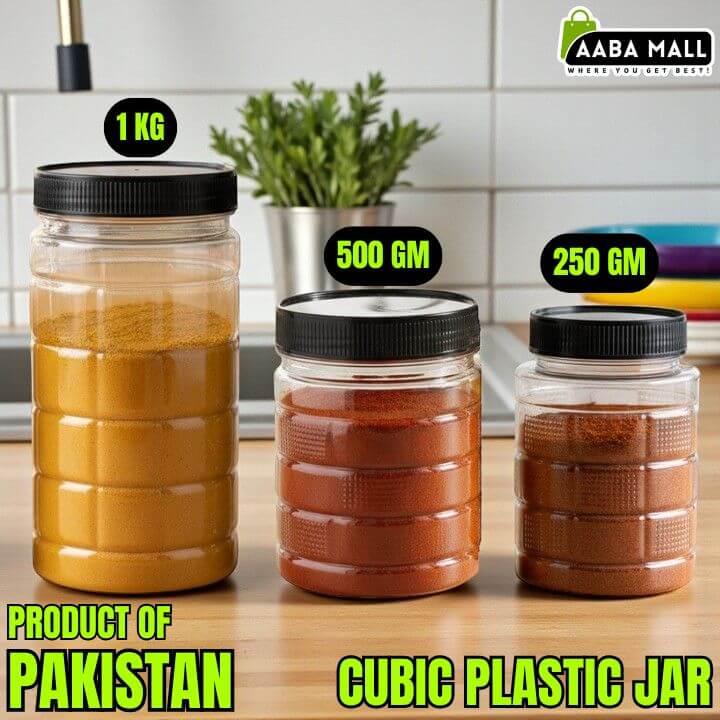 Three cubic plastic storage jars in different sizes displayed on a kitchen counter with 1KG, 500GM and 250GM capacity labels