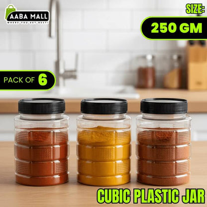 Three cubic plastic jars with black lids on a kitchen counter, labeled 'Pack of 6' and 'Size: 250 GM'.