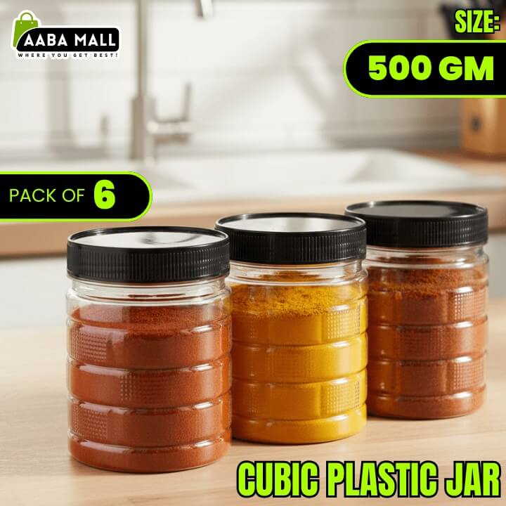 Three cubic plastic jars with black lids on a wooden surface, labeled 'Pack of 6' and 'Size: 500 GM'.