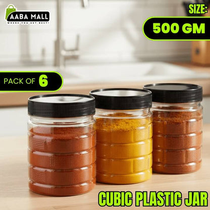 Three cubic plastic jars with black lids on a wooden surface, labeled 'Pack of 6' and 'Size: 500 GM'.