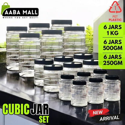 Cubic plastic spice storage jars with labels arranged on a kitchen counter for organized masalay and spice storage