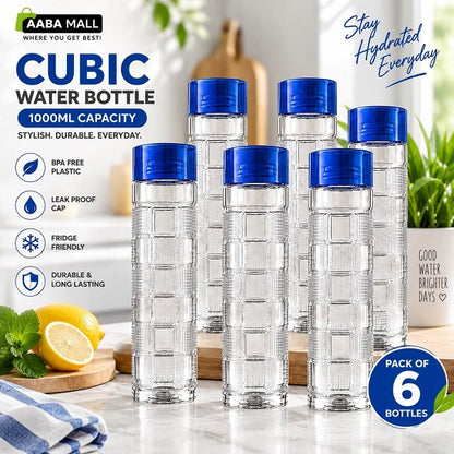 Cubic transparent water bottle 6 piece set with 1L bottles for home and refrigerator storage