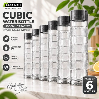Cubic transparent water bottle 6 piece set with 1000ML bottles for kitchen and refrigerator storage