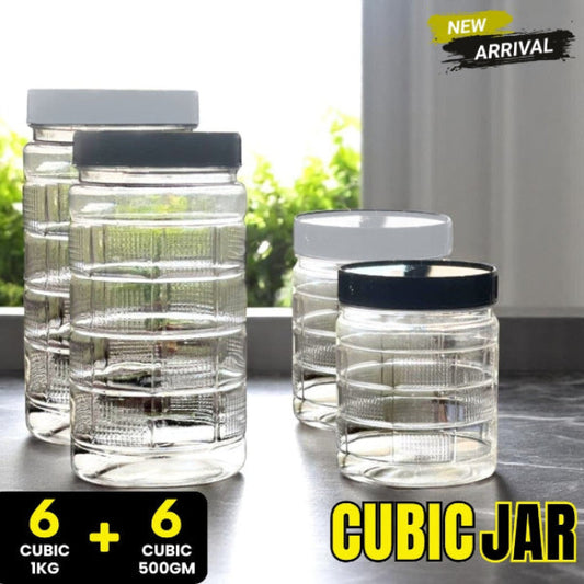 12-piece cubic design airtight plastic storage jar set, BPA-free transparent containers 6x 1kg and 6x 500gm for kitchen pulses, flour, and bulk groceries