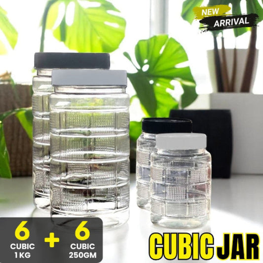 12-piece cubic design airtight plastic storage jar set, BPA-free transparent containers 6x 1kg and 6x 250gm for kitchen pulses, spices, and bulk groceries