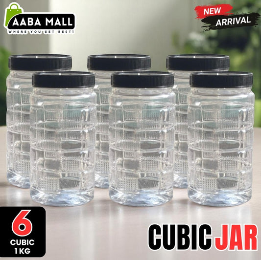 Set of clear cubic jars with black lids on a light surface, with 'Aaba Mall' branding.