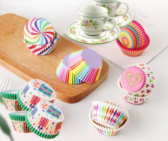 100 pieces food-grade paper cupcake liners in a rainbow color assortment, disposable baking cups for muffins and party treats
