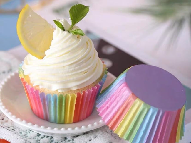 100 pieces food-grade paper cupcake liners in a rainbow color assortment, disposable baking cups for muffins and party treats