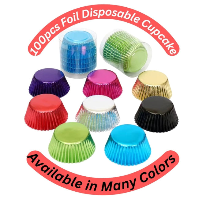 Stack of 100 pieces of gold or silver thickened aluminum foil disposable cupcake liners and muffin cups, ready for professional baking