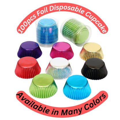 Stack of 100 pieces of gold or silver thickened aluminum foil disposable cupcake liners and muffin cups, ready for professional baking