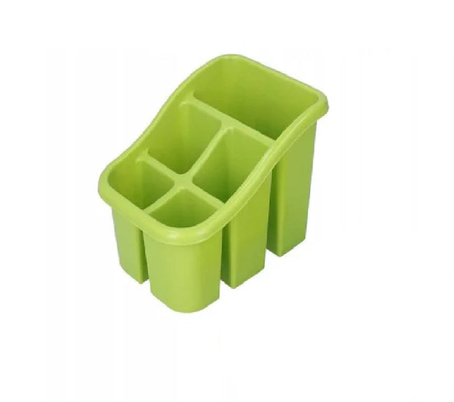Plastic cutlery holder drainer caddy with multiple compartments, organizing kitchen utensils and tools on a countertop