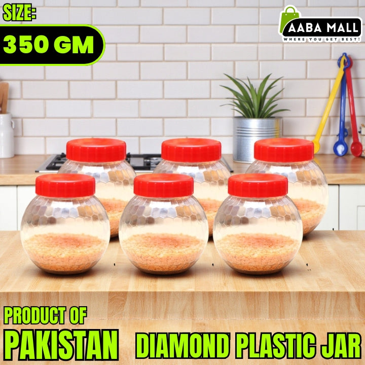 Diamond 350 GM Plastic Jar With Red Cap - Premium Airtight Food Storage Container | BPA-Free Transparent Kitchen Organizer