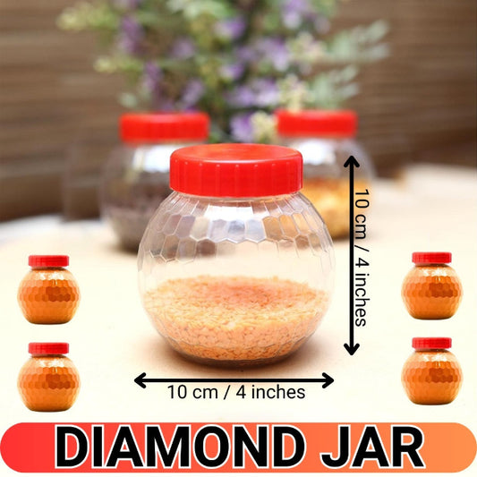 12 pcs diamond design small storage jars, 62mm mouth PET plastic containers with red and white caps for spices, masalas, and dry fruits