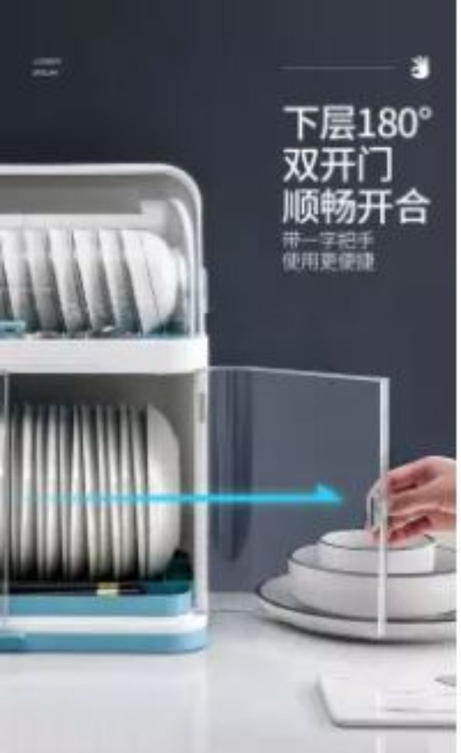 Closed transparent plastic dish drying rack and storage cabinet, shown on a kitchen countertop, neatly holding and covering bowls, plates, and cutlery inside the organized compartments.