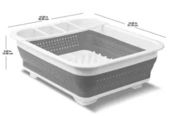 A blue collapsible silicone dish tub shown fully expanded, with the sides popped up to form a portable dish drying rack for camping and RV use.