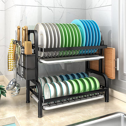 2-Tier over-the-sink dish drying rack, double dish drainer with plate holders, utensil basket, and cutting board holder