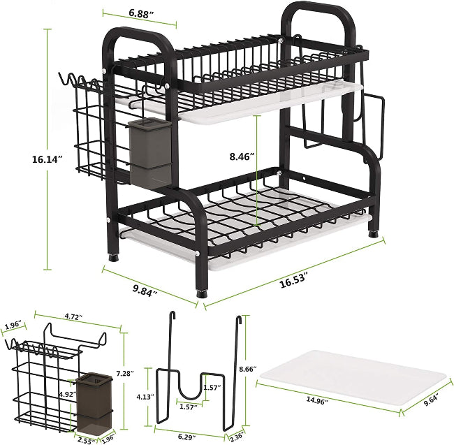 2-Tier over-the-sink dish drying rack, double dish drainer with plate holders, utensil basket, and cutting board holder