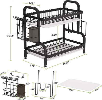 2-Tier over-the-sink dish drying rack, double dish drainer with plate holders, utensil basket, and cutting board holder