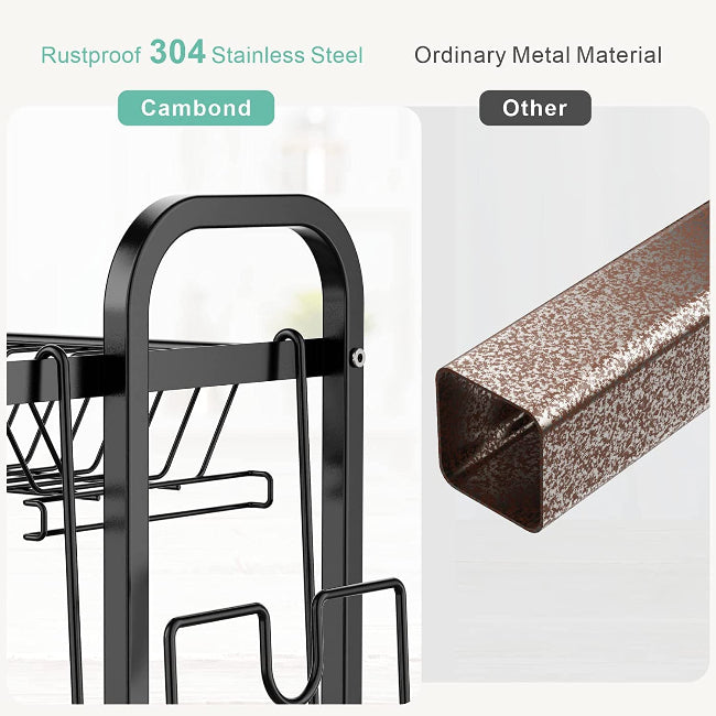 2-Tier over-the-sink dish drying rack, double dish drainer with plate holders, utensil basket, and cutting board holder