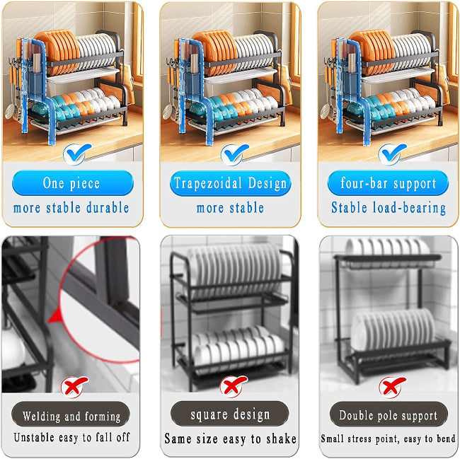 2-Tier over-the-sink dish drying rack, double dish drainer with plate holders, utensil basket, and cutting board holder