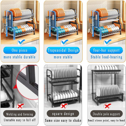 2-Tier over-the-sink dish drying rack, double dish drainer with plate holders, utensil basket, and cutting board holder