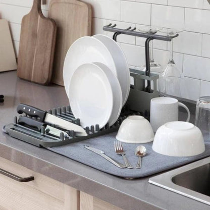 A 2-in-1 compact dish drying system showing a small white dish rack resting on a gray microfiber drying mat (44x20cm size) on a kitchen counter.