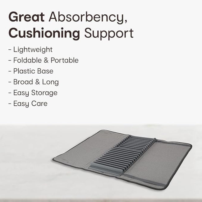 A 2-in-1 compact dish drying system showing a small white dish rack resting on a gray microfiber drying mat (44x20cm size) on a kitchen counter.