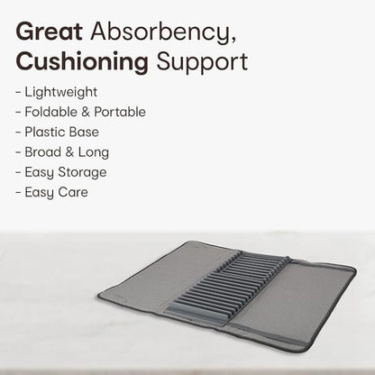 A 2-in-1 compact dish drying system showing a small white dish rack resting on a gray microfiber drying mat (44x20cm size) on a kitchen counter.