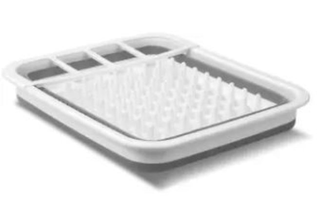 A blue collapsible silicone dish tub shown fully expanded, with the sides popped up to form a portable dish drying rack for camping and RV use.