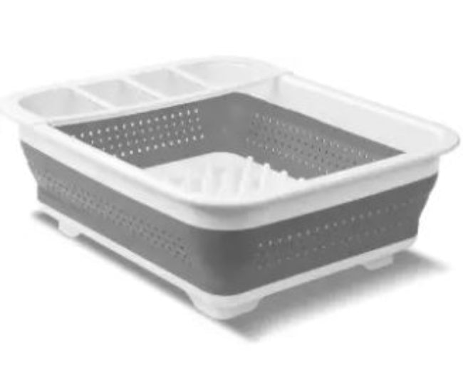 A blue collapsible silicone dish tub shown fully expanded, with the sides popped up to form a portable dish drying rack for camping and RV use.