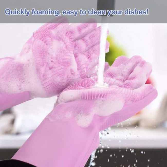 Pair of magic silicone dishwashing gloves with built-in scrubber bristles for kitchen and bathroom cleaning, heat resistant