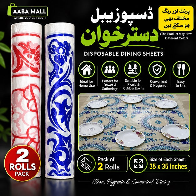 Pack of 2 disposable dastarkhwan rolls with 35x35 inch dining sheets for home, dawat, gatherings and picnics; print and color may vary