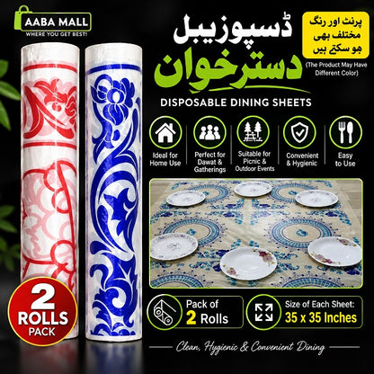 Pack of 2 disposable dastarkhwan rolls with 35x35 inch dining sheets for home, dawat, gatherings and picnics; print and color may vary