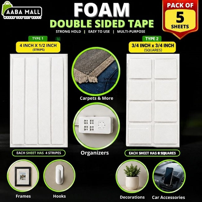 Double sided foam mounting tape strips and squares 5 sheet pack AABA MALL Pakistan