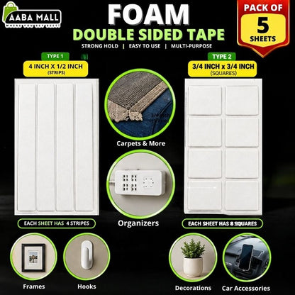 Double sided foam mounting tape strips and squares 5 sheet pack AABA MALL Pakistan