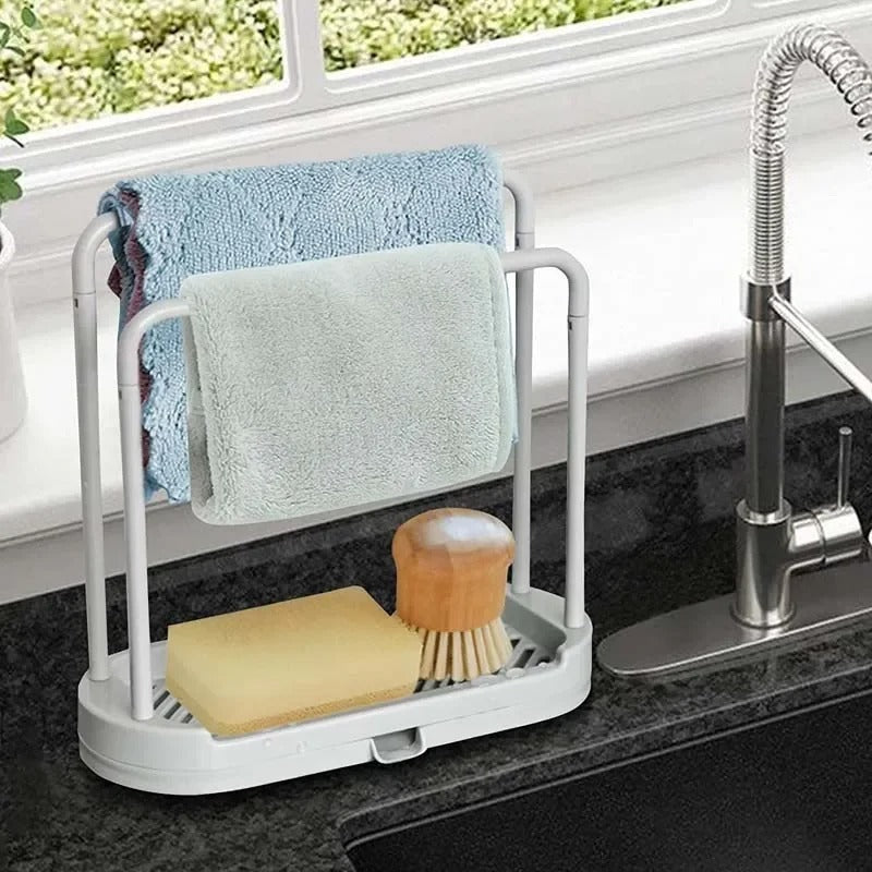 DOUBLE POLE Kitchen Sink Sponge & Brush Holder | Detachable Towel Rag Hanger | Multi-Purpose Organizer for Sink, Bathroom, or Countertop - AABA MALL