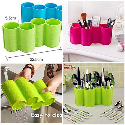 Collage of a green and blue utensil holder with measurements and uses in a kitchen setting.