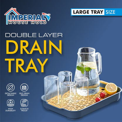 Double-layer plastic drain tray with perforated top layer and anti-slip base, used for drying sponges and kitchen tools