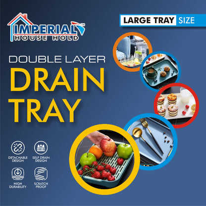 Double-layer plastic drain tray with perforated top layer and anti-slip base, used for drying sponges and kitchen tools