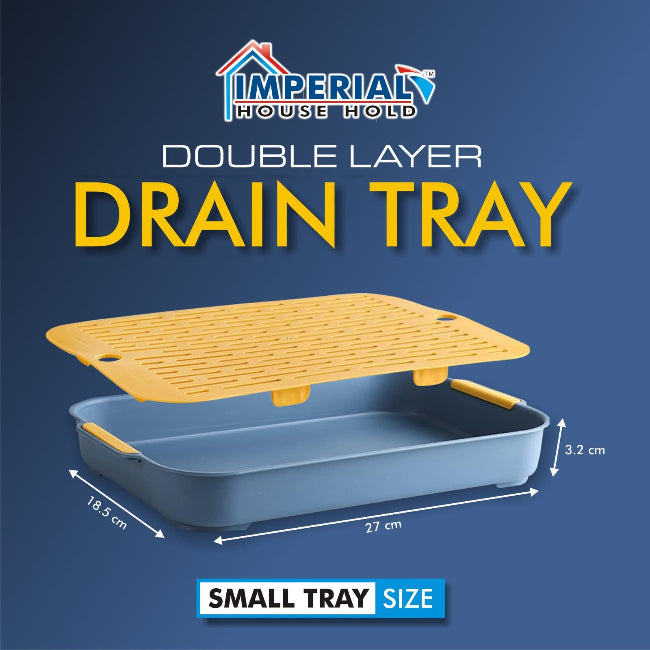 Double-layer plastic drain tray with perforated top layer and anti-slip base, used for drying sponges and kitchen tools