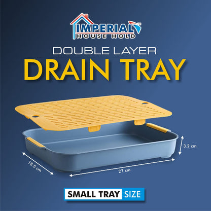 Double-layer plastic drain tray with perforated top layer and anti-slip base, used for drying sponges and kitchen tools