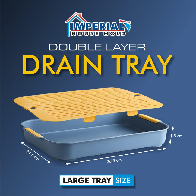 Double-layer plastic drain tray with perforated top layer and anti-slip base, used for drying sponges and kitchen tools