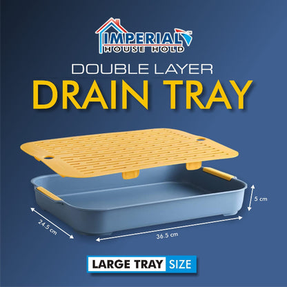Double-layer plastic drain tray with perforated top layer and anti-slip base, used for drying sponges and kitchen tools