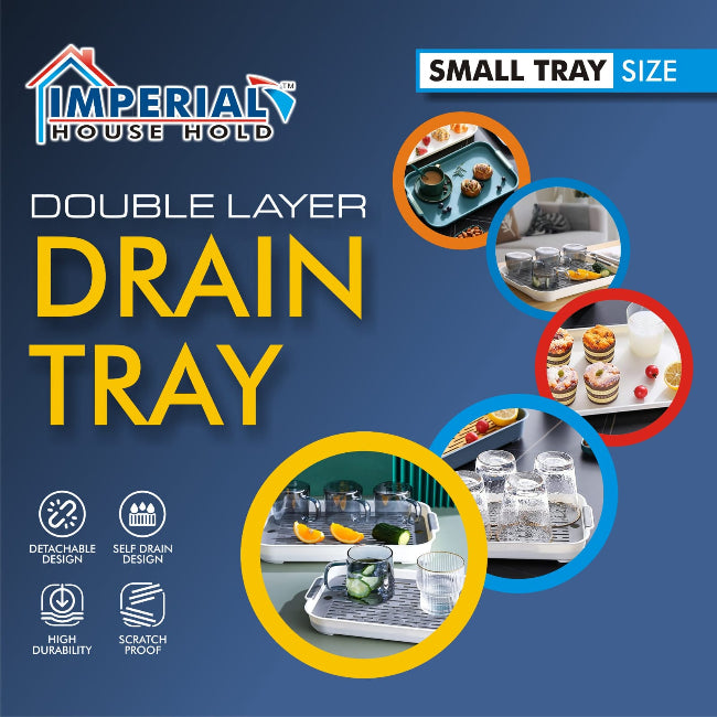 Double-layer plastic drain tray with perforated top layer and anti-slip base, used for drying sponges and kitchen tools