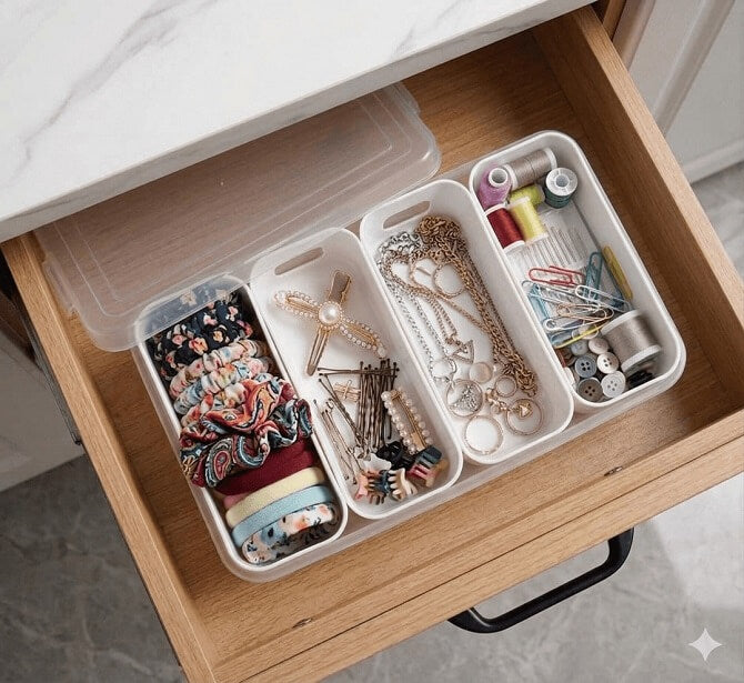 Drawer with organized compartments containing jewelry and accessories.