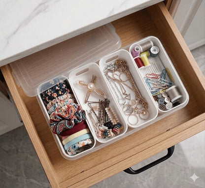 Drawer with organized compartments containing jewelry and accessories.
