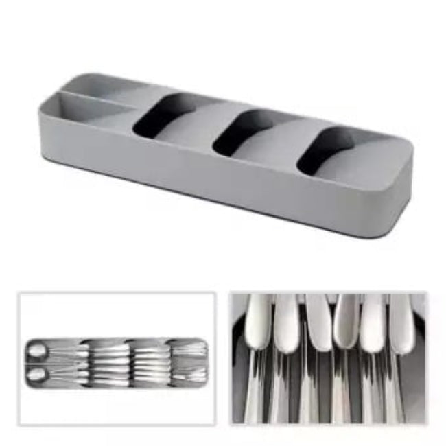 Multi-layer kitchen drawer cutlery organizer tray in grey, shown with spoons, forks, and knives stored vertically in the tiered, overlapping compartments for maximum space saving.