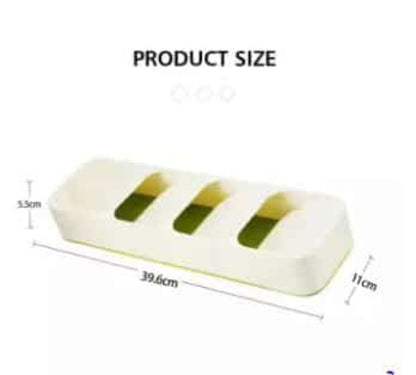 Multi-layer kitchen drawer cutlery organizer tray in grey, shown with spoons, forks, and knives stored vertically in the tiered, overlapping compartments for maximum space saving.