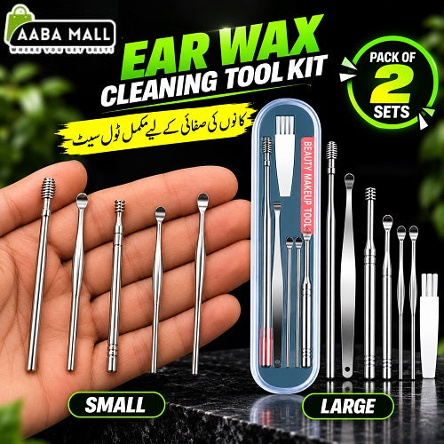 AABA MALL ear wax cleaning tool kit set of 2 featuring small ear cleaning tools displayed in hand and a large stainless steel tool kit with storage case.